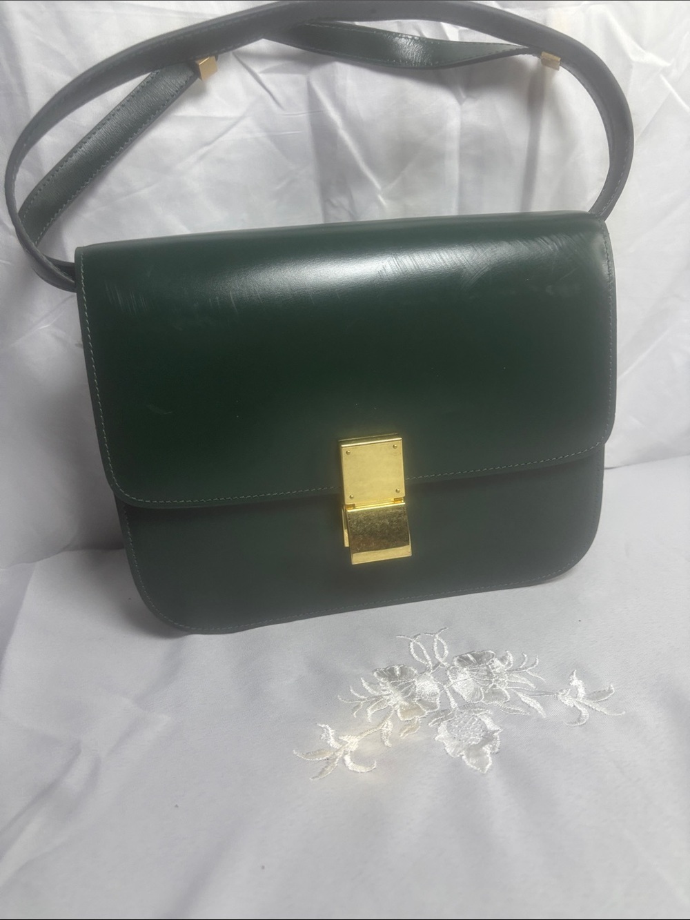 Dark Green Leather Shoulder Bag with Gold Lock